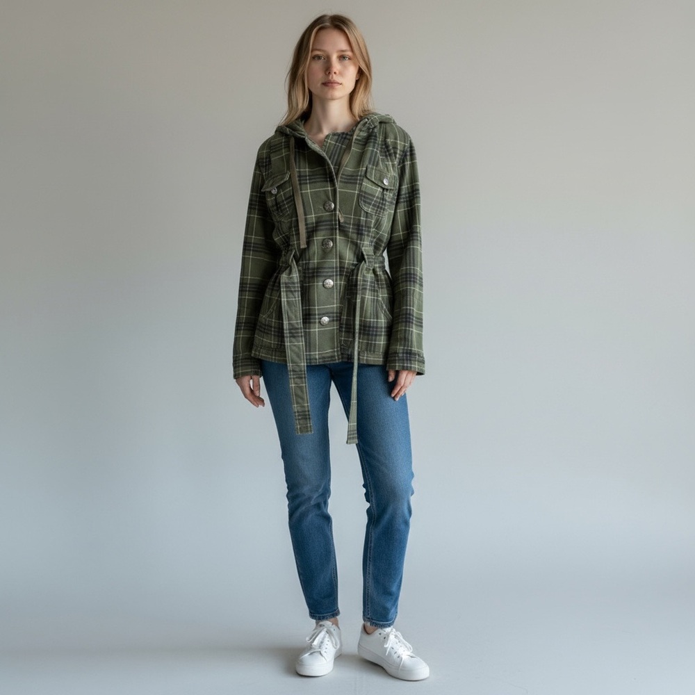 Self Esteem USA Girls Teen Lined Plaid Jacket Olive Green Size Large BTS